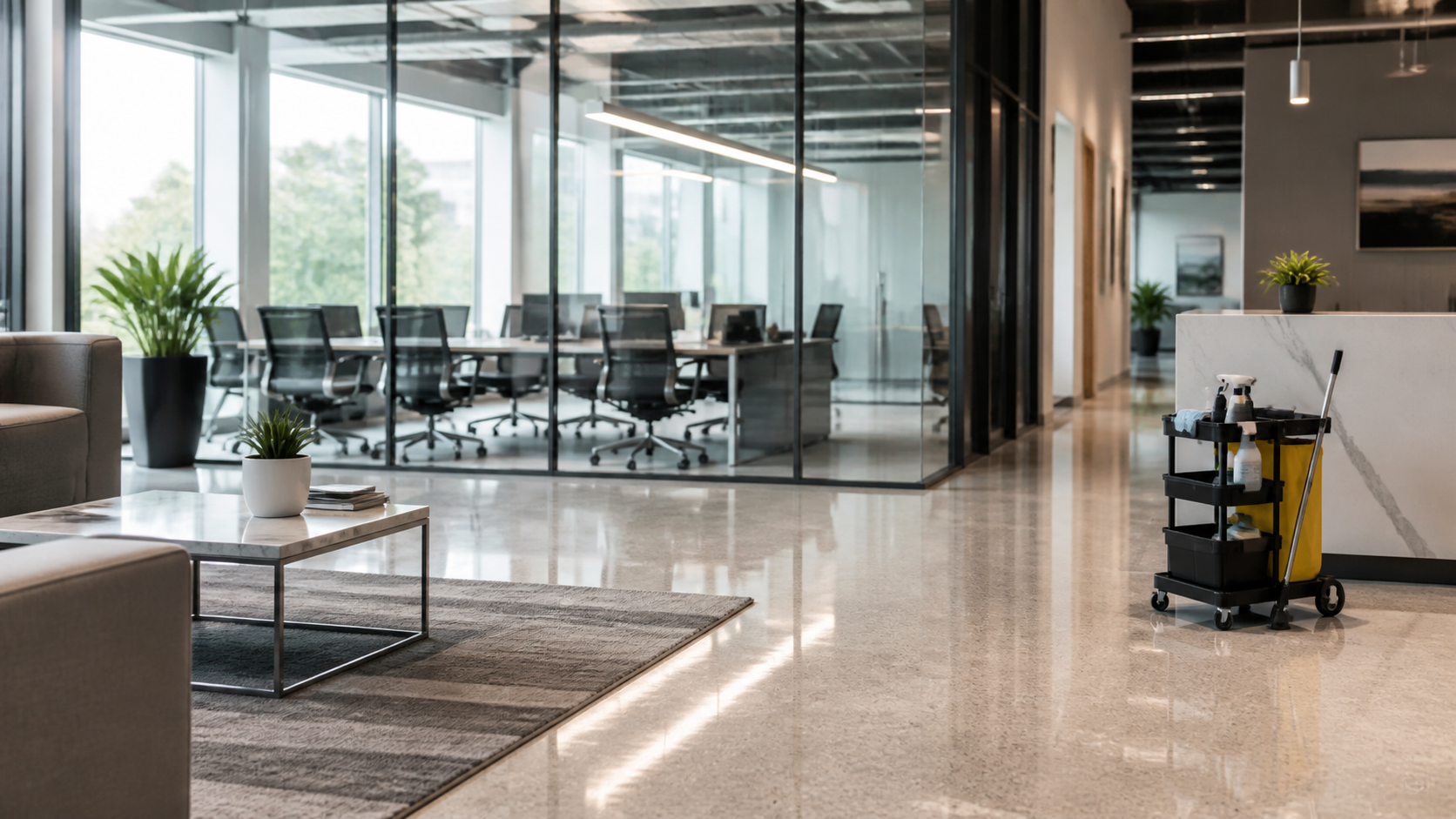 Professional cleaning team preparing a bright room