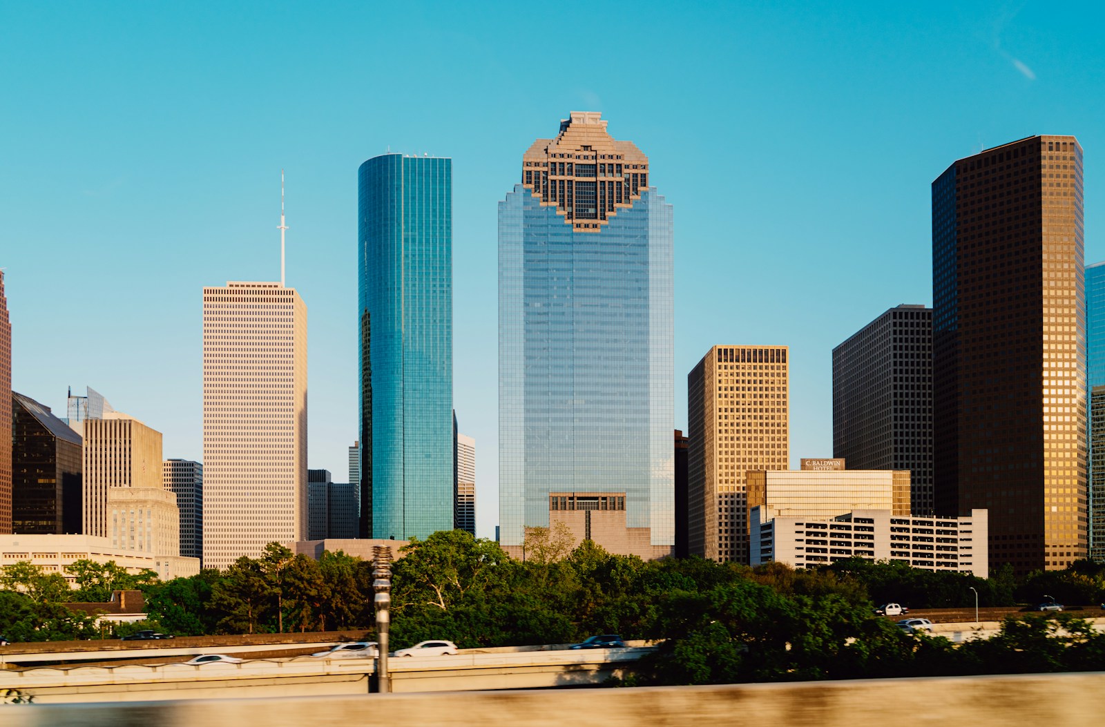 Houston skyline near Bayou Bright service areas